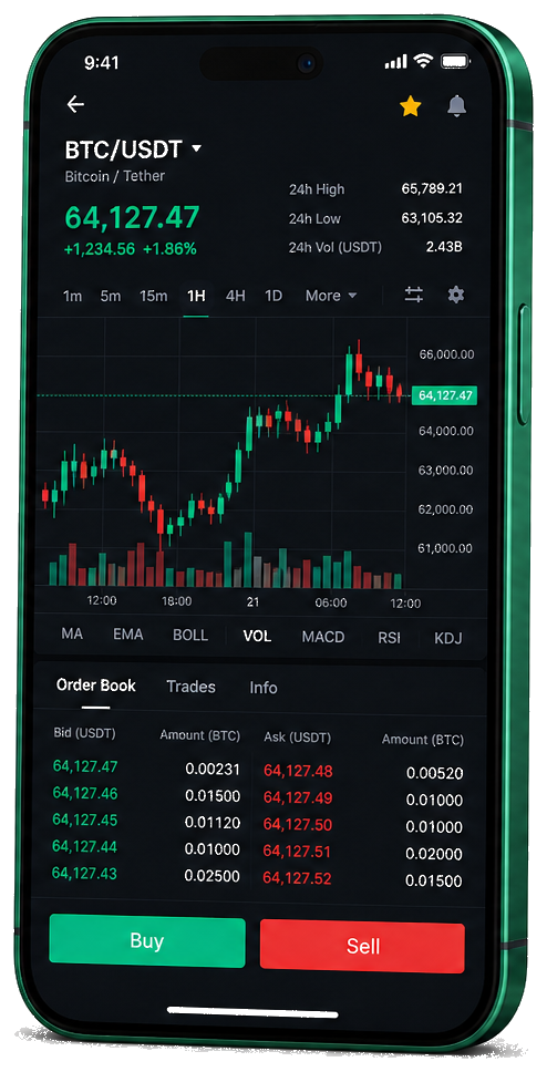 모바일에서 사용하는 Legacy Bitfundex 트레이딩 플랫폼 — 실시간 BTC/USDT 차트와 주문서, 매수/매도 인터페이스